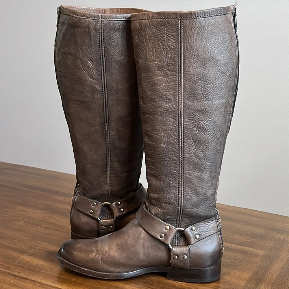 Frye Phillip Harness Tall Leather Riding Boots Gray 3476849 Womens Size 8.5 B - Picture 9 of 16